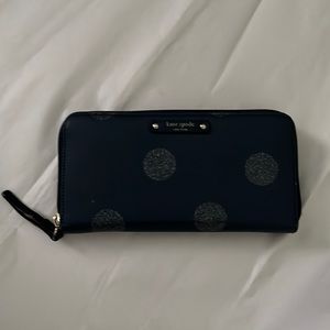 Kate Spade large wallet, navy blue with glitter polka dot design. Used.